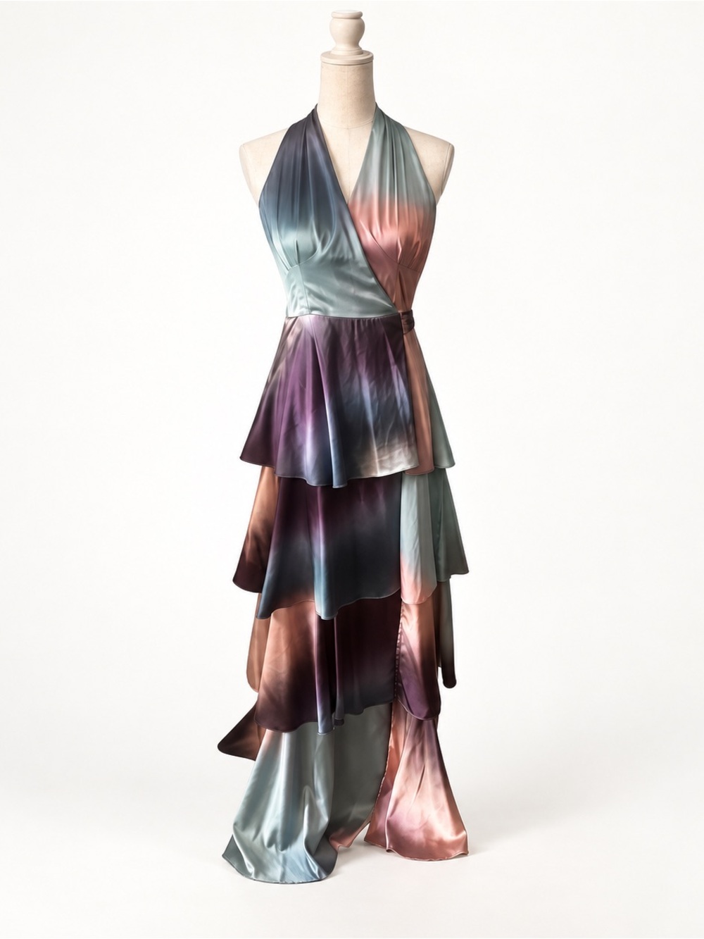 Hutch Amora ombré tiered Satin maxi gown Halter Wrap Dress bohemian maximalist S